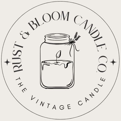 Logo of Rust & Bloom Candle Co. featuring a mason jar with a candle and lavender.
